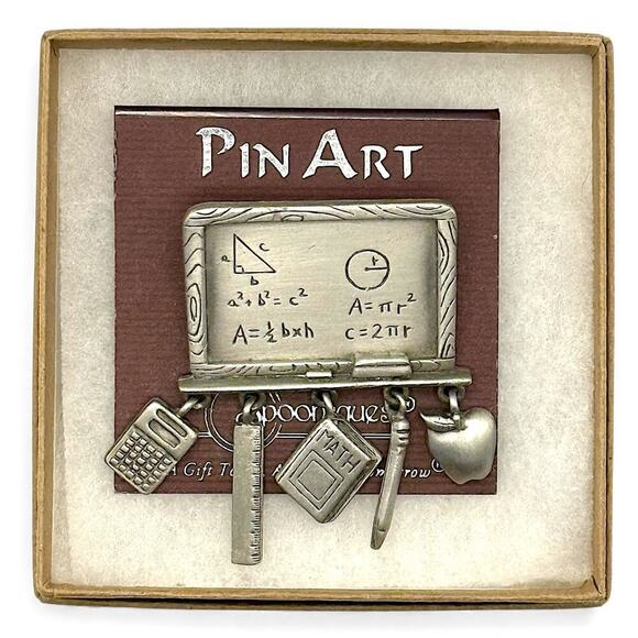 JJ Jewelry - NOS Vintage Teacher JJ Spoontiques Brooch Pin Silver Tone Dangle Charm Math Book